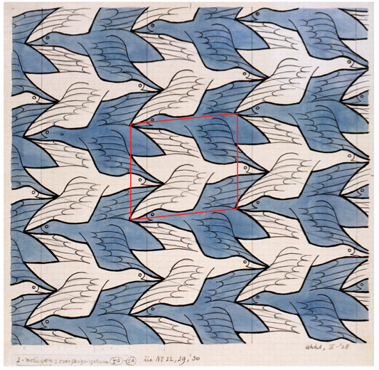 Pattern designed by MC Escher. Red box indicates the repeating unit from which the pattern can be made