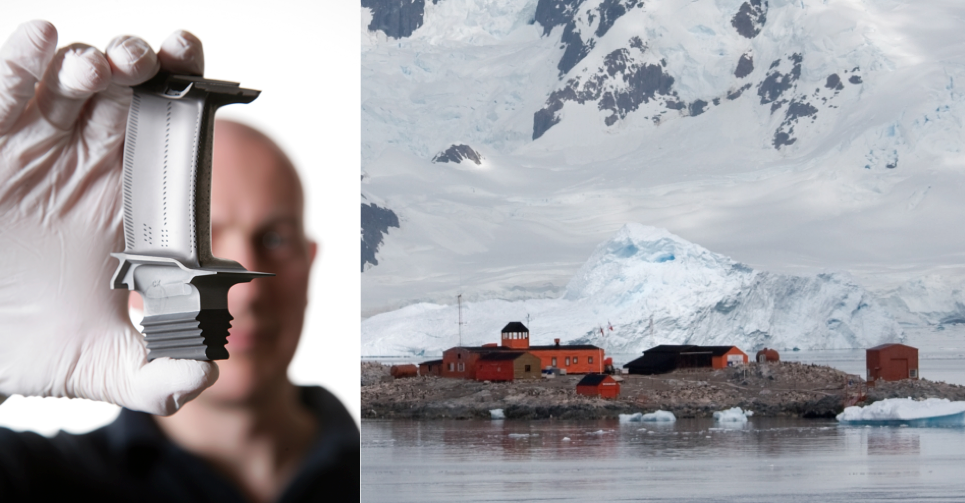 Image on left (courtesy of Rolls Royce) - Turbine Blade. Image on right (© Samuel Blanc) of González Videla Antarctic Base